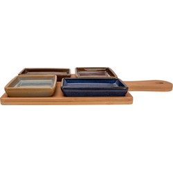 Serveerplank bamboe 29 x 20 cm met 4x luxe hapjes/saus/tapas schaaltjes - Serveerplanken