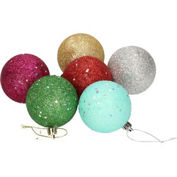 6x Gekleurde onbreekbare kerstballen met glitters 6 cm - Kerstbal
