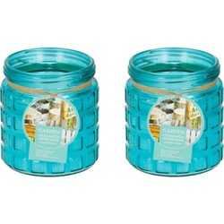 2x citronella kaarsen - glazen pot - 12 cm - blauw - geurkaarsen