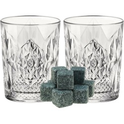 Luxe whiskyglazen set 6x stuks 390 ml met 9x whisky ijsblokstenen - Whiskeyglazen