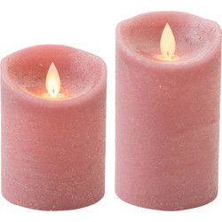 LED kaarsen/stompkaarsen - set 2x - antiek/oud roze - H10 en H12,5 cm - bewegende vlam - LED kaarsen