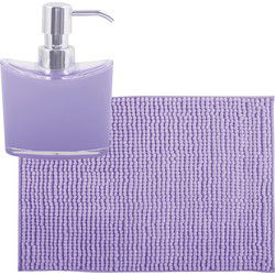 MSV badkamer droogloop mat/tapijtje - 40 x 60 cm - en zelfde kleur zeeppompje 260 ml - lila paars - Badmatjes