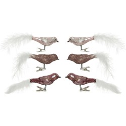 6x stuks glazen decoratie vogels op clip roze tinten 8 cm - Kersthangers