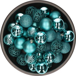 37x stuks kunststof kerstballen turquoise blauw 6 cm glans/mat/glitter mix - Kerstbal