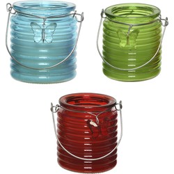 Citronella kaars - in windlicht - 3x - blauw/groen en rood - 20 branduren - citrusgeur - geurkaarsen