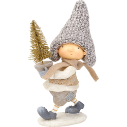 Decoratief kerstbeeldje met cadeau in beige hars H18