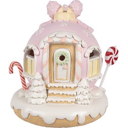 Clayre & Eef Decoratie Huis met LED Gingerbread house 14 cm Roze Kunststof Peperkoekhuisje