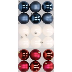18x stuks kunststof kerstballen mix van donkerblauw, wit en donkerrood 8 cm - Kerstbal