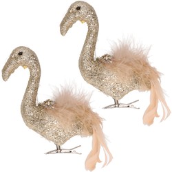 2x stuks decoratie vogels op clip flamingo goud 13 cm - Kersthangers