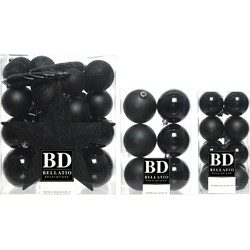 55x stuks kunststof kerstballen met ster piek zwart mix - Kerstbal