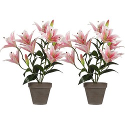 2x Roze tijgerlelie kunstplanten 47 cm met grijze pot - Kunstplanten