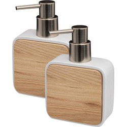 5Five zeeppompje/zeepdispenser - 2x stuks - wit - 10 x 15 cm - 200 ml - bamboe/kunststeen - badkamer - Zeeppompjes
