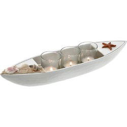 Theelichthouder houten bootje - wit - 40 cm - MDF en glas - Waxinelichtjeshouders