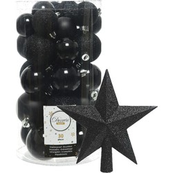 Decoris kerstballen 30x stuks - zwart 4/5/6 cm kunststof mat/glans/glitter mix en piek - Kerstbal