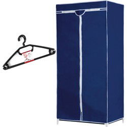Set van mobiele opvouwbare kledingkast met blauwe hoes 160 cm en 5x plastic kledinghangers zwart - Campingkledingkasten