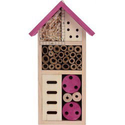Insectenhotel huisje - roze dak - 13 x 9 x 26 cm - hout - bijenhuis - Insectenhotel