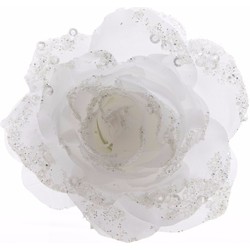 Decoris Kerst bloem - op clip - wit - glitter - D14 cm - kunststof - Kersthangers