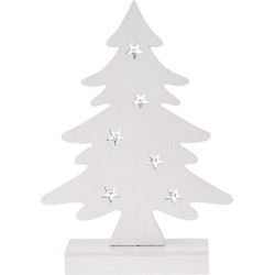 Kerstdecoratie kerstboom wit hout 28 cm met LED lampjes - Houten kerstbomen