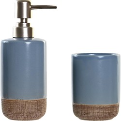 Badkamer accessoires setje drinkbeker en zeeppompje 18 cm korenblauw - Badkameraccessoireset
