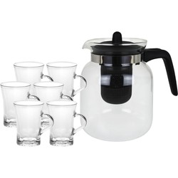 Glazen theepot met filter/infuser van 1,5 liter met 6x stuks theeglazen van 170 ml - Theepotten