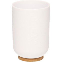 Badkamer beker/tandenborstel houder - wit - kunststof/bamboe - Badkameraccessoireset