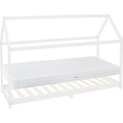 Kinderbed huisbed 90x200 cm wit gemaakt van grenenhout incl. matras H-16cm houten bed met dak en lattenbodem ML design