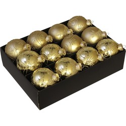 12x Gedecoreerde Kerstballen - goud - glas - 7.5 cm  - Kerstbal