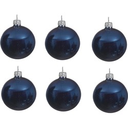 6x Glazen kerstballen glans donkerblauw 8 cm kerstboom versiering - Kerstbal