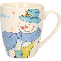 Kerstmok/wintermok sneeuwpop met blauwe muts en sjaal van poreselein 10 cm - Bekers