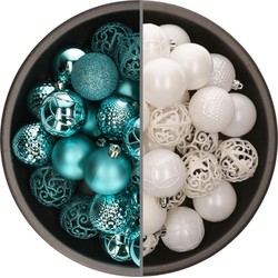 74x stuks kunststof kerstballen mix van wit en turquoise blauw 6 cm - Kerstbal