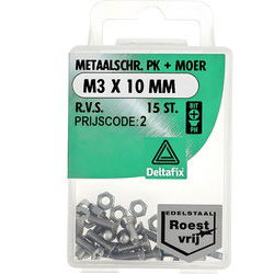 M.schroef moer pk m3x10mm rvs 15st