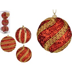 Krist+ kerstballen - 3x stuks - rood/goud - kunststof - gedecoreerd -8 cm - Kerstbal