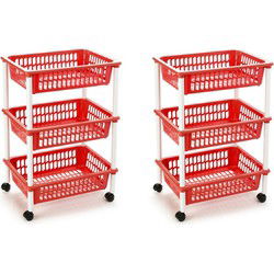 Plasticforte keukentrolley op wieltjes - 2x - 3 laags - rood - kunststof - Opbergmanden