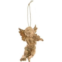 Kersthanger - engeltje met viool - goudkleurig - 10 cm - kerstboomversiering - Kersthangers