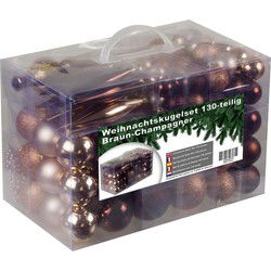 4seasonz® Kunststof Kerstballen set 130 ballen, piek, parelsnoer Champagne/Bruin