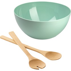 Salade/fruit serveer schaal - mint - kunststof - Dia 28 cm - met bamboe Sla couvert/bestek - Serveerschalen