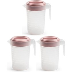 3x stuks waterkan/sapkan transparant/roze met deksel 1 liter kunststof - Schenkkannen