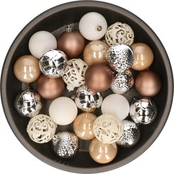 Kerstballen 37x stuks wit/zilver/bruin kunststof 6cm - Kerstbal