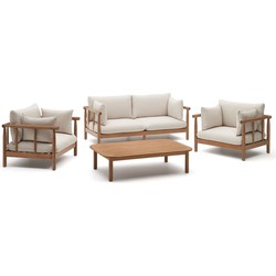 Kave Home - Sacova set van 2 fauteuils, 2-zitsbank en salontafel van massief eucalyptushout FSC