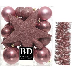 Kerstversiering kerstballen 5-6-8 cm met ster piek en folieslingers pakket oud roze van 35x stuks - Kerstbal