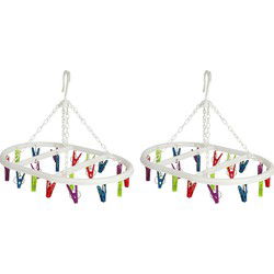 Wasgoed droogcarrousel/droogmolen - 2x - 20 clips/knijpers - multi kleuren - kunststof - 29 x 42 cm - Hangdroogrek