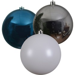 3x stuks grote kerstballen van 20 cm glans van kunststof zilver blauw en wit - Kerstbal