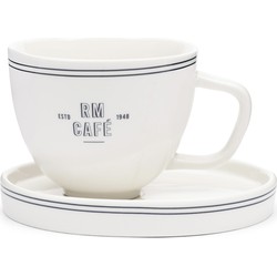 Riviera Maison Kop En Schotel Wit porselein voor koffiemok of cappuccino kop - Long Island mok met oor 300 ml