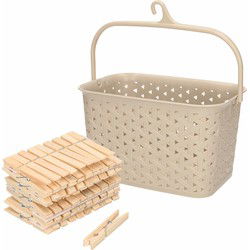 Wasknijpers mandje met ophanghaak - beige - gevuld met 100x houten wasknijpers van 7 cm - knijperszakken