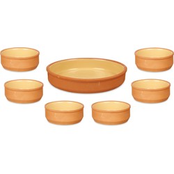 Set 7x tapas/creme brulee schaaltjes - terra/geel - 6x 12 cm/1x 23 cm - Snack en tapasschalen