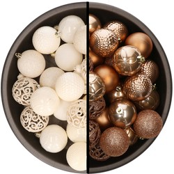 Kerstballen - 74x stuks - wol wit en camel bruin - 6 cm - kunststof - Kerstbal