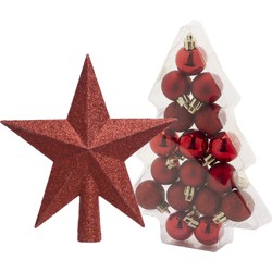 17x stuks kerstballen 3 cm inclusief ster piek rood kunststof - Kerstbal