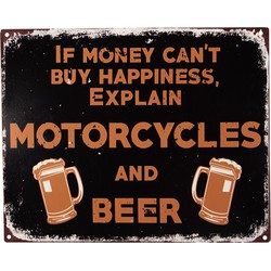 Clayre & Eef Tekstbord  25x20 cm Zwart Ijzer Bier If money can't buy happiness Wandbord