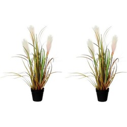 2x Kunstplant siergras met pluimen groen/bruin in zwarte pot 53 cm - Kunstplanten