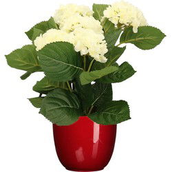 Hortensia kunstplant/kunstbloemen 36 cm - wit - in pot rood glans - Kunstplanten